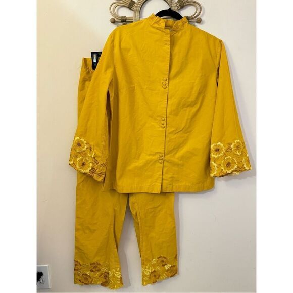 Vintage 60s Goldenrod Floral Embroidered Pants Set XS/S - Picture 1 of 9